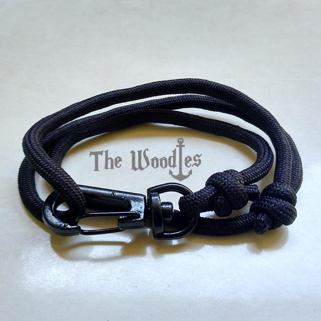 Gelang tali jangkar paracord prusik handmade Kait Biasa Hitam Polos