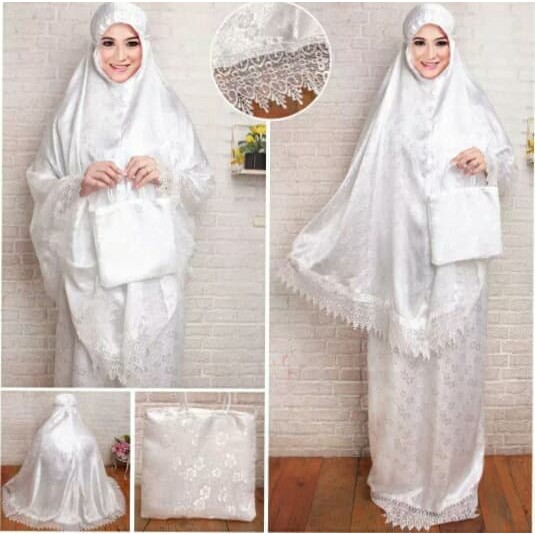 Mukena Dewasa Renda Brukat Velvet Motif Bunga Putih Cantik Murah