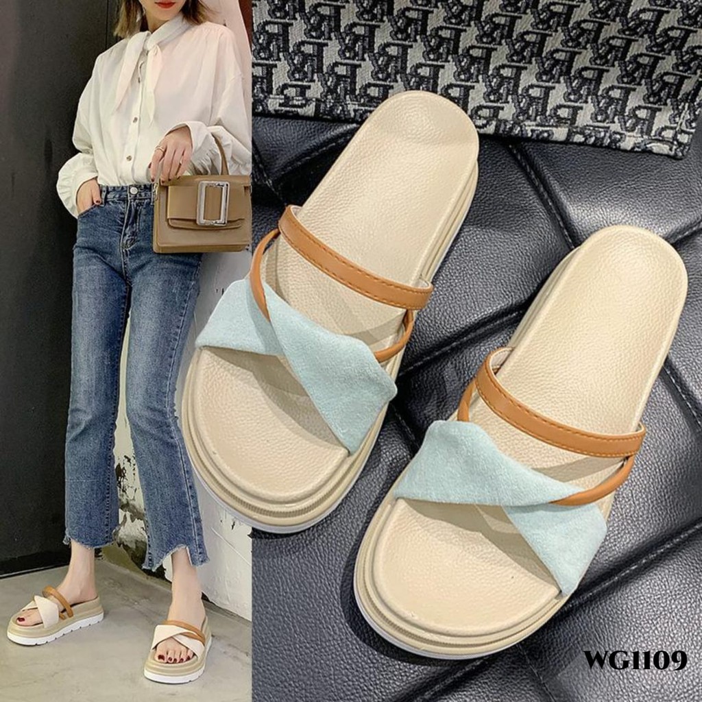 RESTOCK WYN WEDGES SANDAL CROSS STRAP SLIDER WG1109