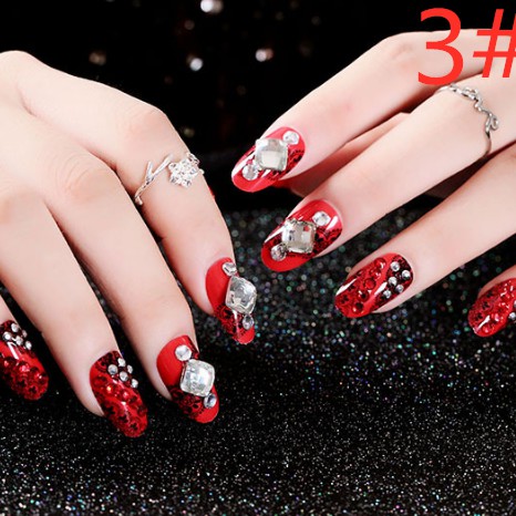 【COD】FLID 24Pcs Kuku Palsu French Nail Art Akrilik Kristal Berlian Imitasi Warna Merah