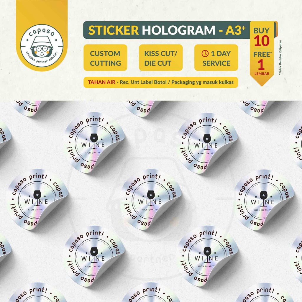 

Cetak Print Stiker Label Hologram A3+ kemasan dus gelas botol seal segel