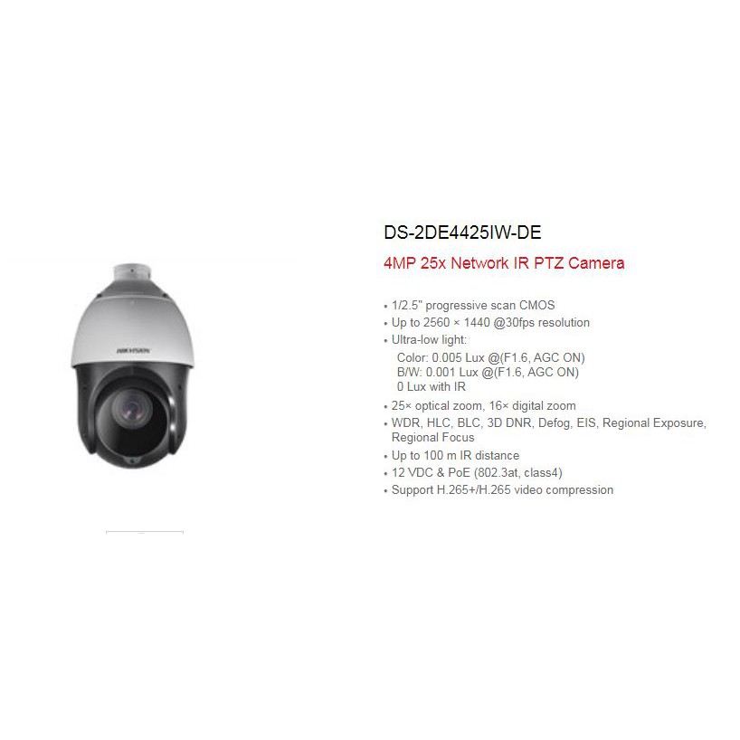Hikvision Camera IP PTZ DS-2DE4425IW-DE 4" IR PTZ (Plastic housing)