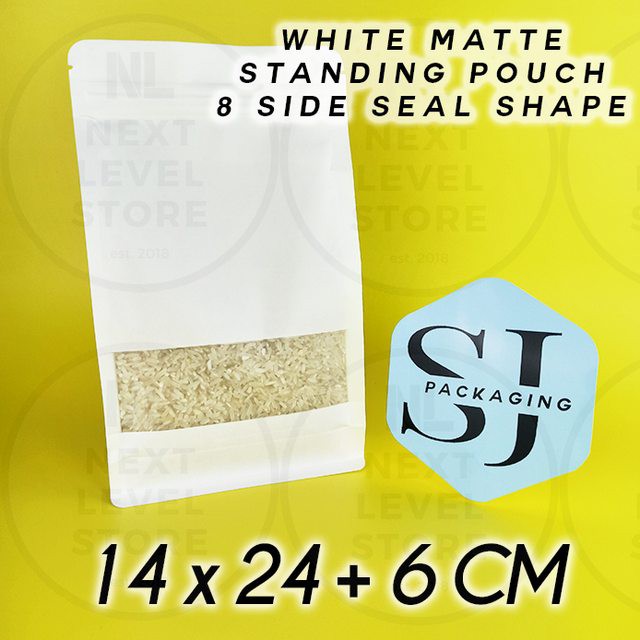 Standing Pouch 14x24+6cm White 8 Seal Shape Kraft Paper Ziplock