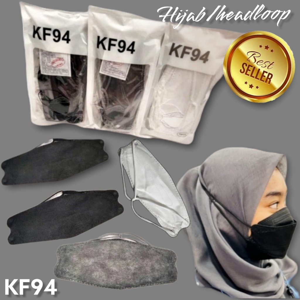 MASKER KF94 4PLY HIJAB HEADLOOP HITAM PUTIH BIRU - ECERAN