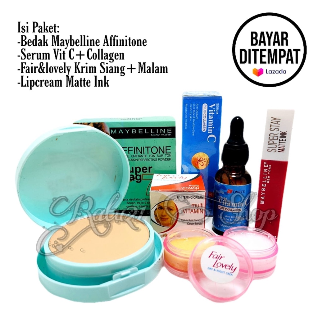 Paket Kecantikan 4in1/Bedak Maybelline+Lipcream+Serum Forte Vitamin C Collagen+Krim Susun Siang dan 