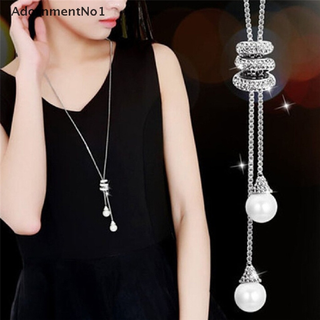 (AdornmentNo1) Kalung Rantai Panjang Dengan Liontin Mutiara + Berlian Imitasi Untuk Wanita