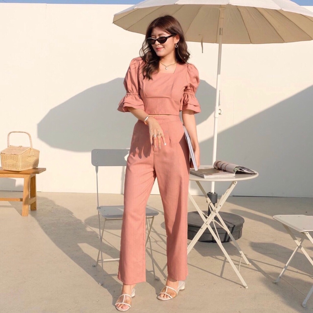 SET6614 Linen Double Ruffle Sleeves Top & Pants Set-4