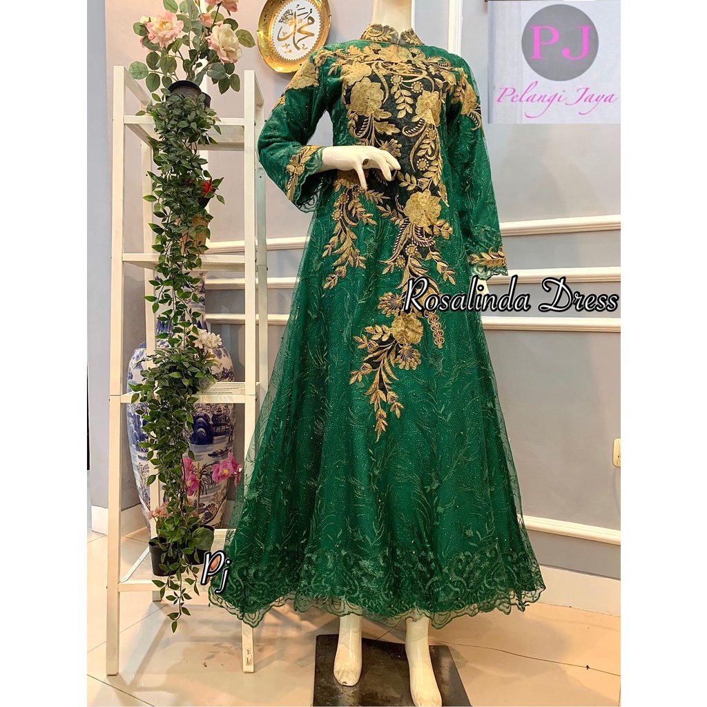 DRESS PESTA ROSALINDA HIJAU BOTOL/ DRESS HIJAU BOTOL ORIGINAL PJ/ DRESS KEBAYA KONDANGAN HIJAU BOTOL