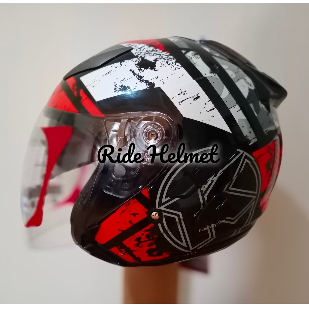 Helm Half Face KYT Galaxy Slide Motif Seri 5 Black Red Fluo Merah Double Visor Couple R10 Seri 3 Red