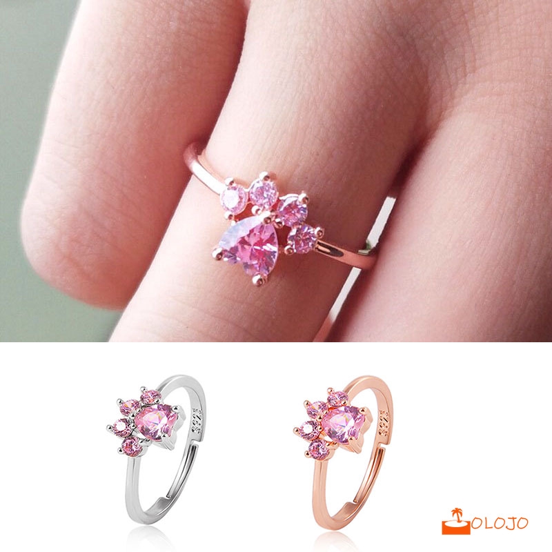 OLOJO Cincin Lucu Kartun Pembukaan Adjustable Cat Paw Print Cincin Perhiasan Tembaga Dilapisi Wanita