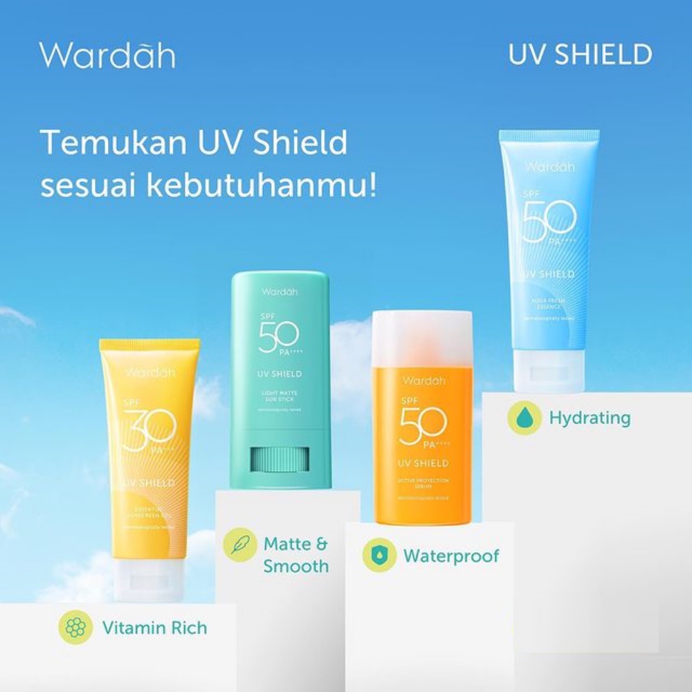 WARDAH UV SHIELD SERIES | Sun Stick SPF 50 | Essential Sunscreen Gel SPF 30 | Aqua Fresh Essence SPF 50 | Active Protection Serum SPF 50