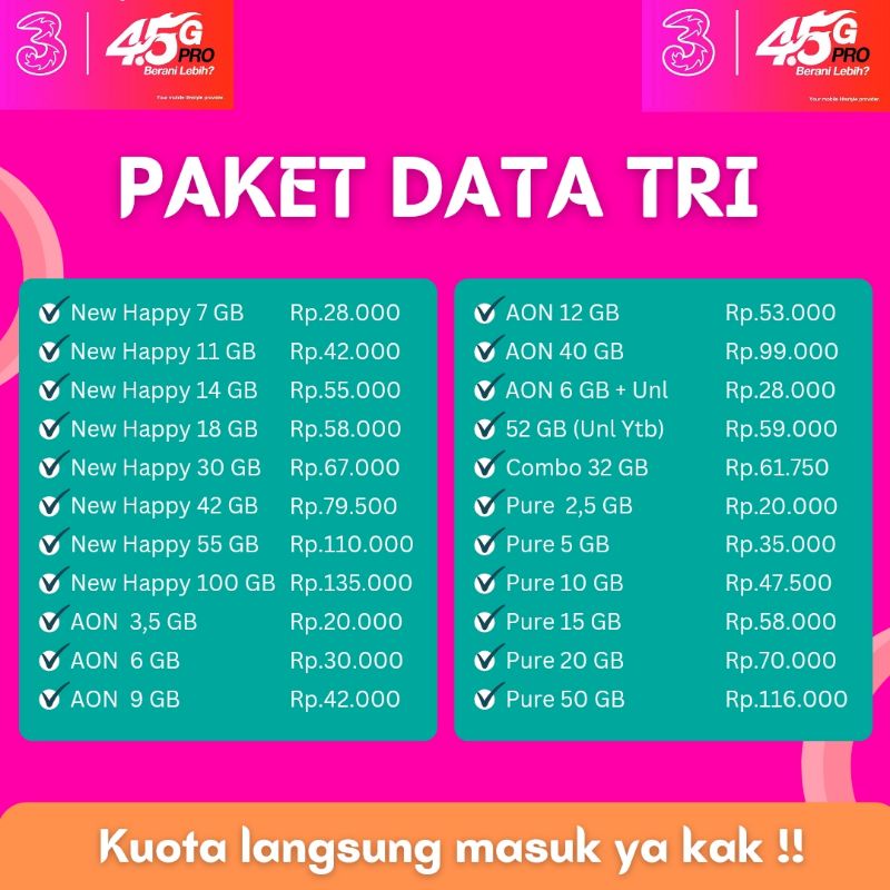 Kuota / Paket Data Tri 30 GB Aon New Happy Pure Full 24 Jam 30 Hari