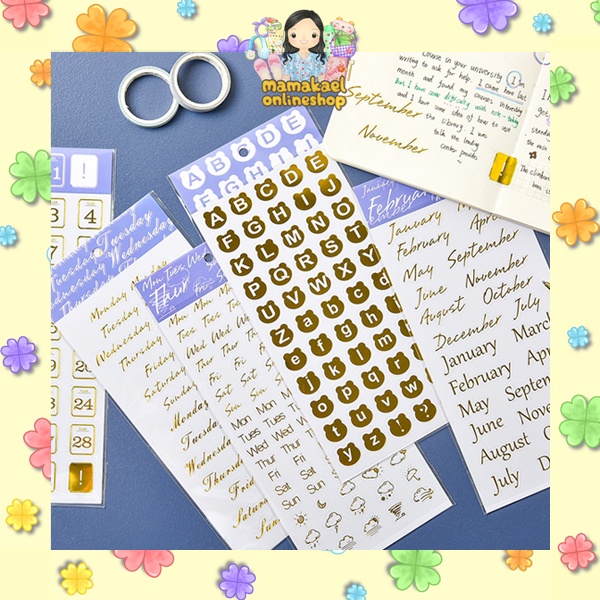 

Sticker gold alphabet huruf week month days tulisan nama hari bulan kalender planner diy jurnal deco stiker kawai aesthetic cute MK1327