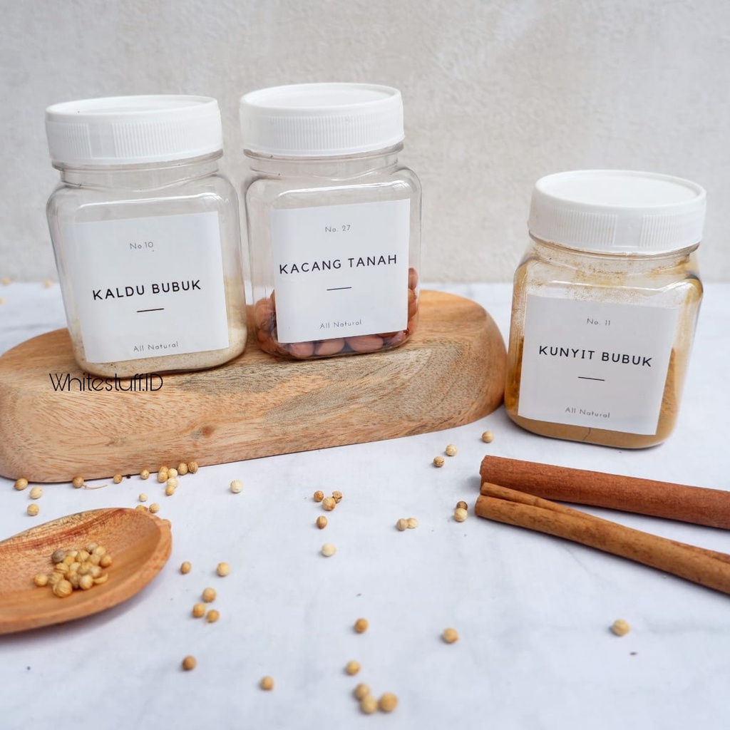 WHITESTUFF Toples Tempat Bumbu Dapur Minimalis Korea Estetik Kotak 200ml Set Aesthetic Free Sendok Label Waterproof