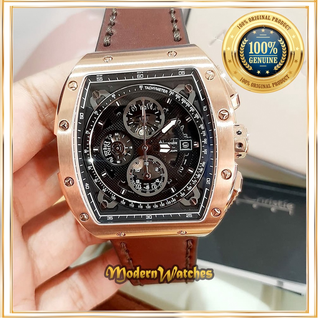 Jam Tangan Ori Terbaru Pria Alexandre Christie AC 6411 Tali Kulit Coklat Brown Hitam Black Rosegold 
