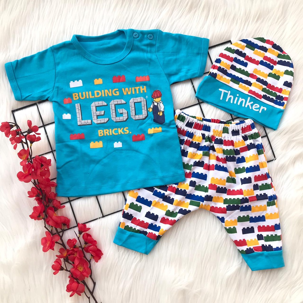 Baju setelan kaos celana topi lucu lego kuning biru merah bestseller anak bayi cowok laki murah -leg