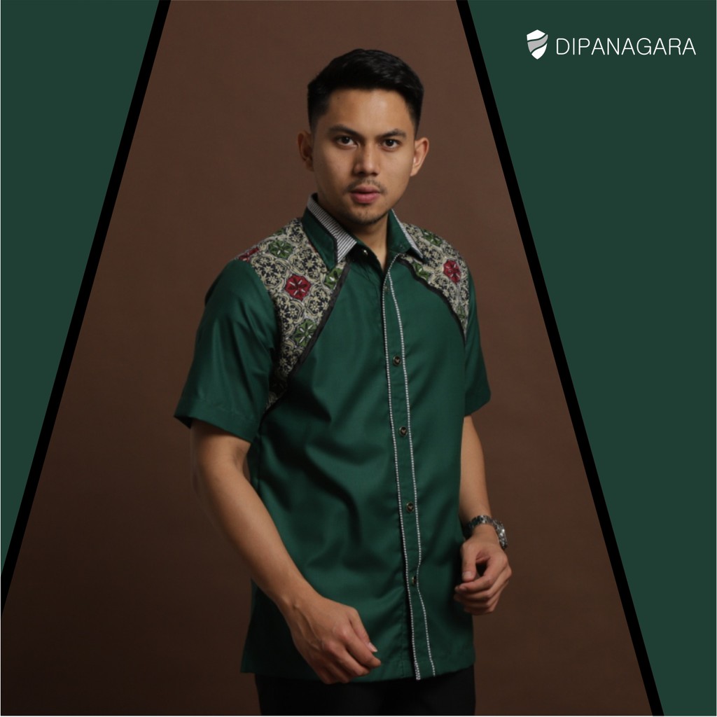 Baju Pria Kombinasi Batik Modern Warna Hijau Lengan Pendek Ada big size jumbo
