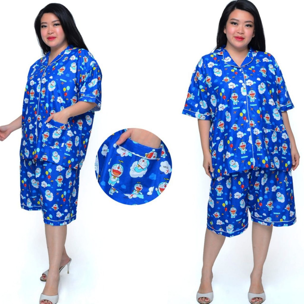 Piyama jumbo celana pendek/hotpant big size LD 130 / set baju tidur lengan pendek karakter cewek-HPJ/5L DORAHELO NEVI