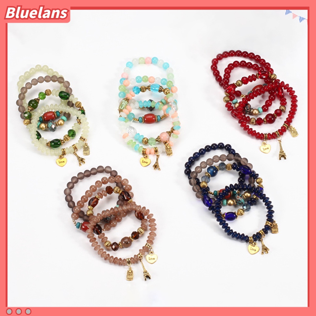 4pcs / Set Gelang Tali Elastis Liontin Burung Hantu Menara Eiffel Gaya Bohemia Untuk Wanita