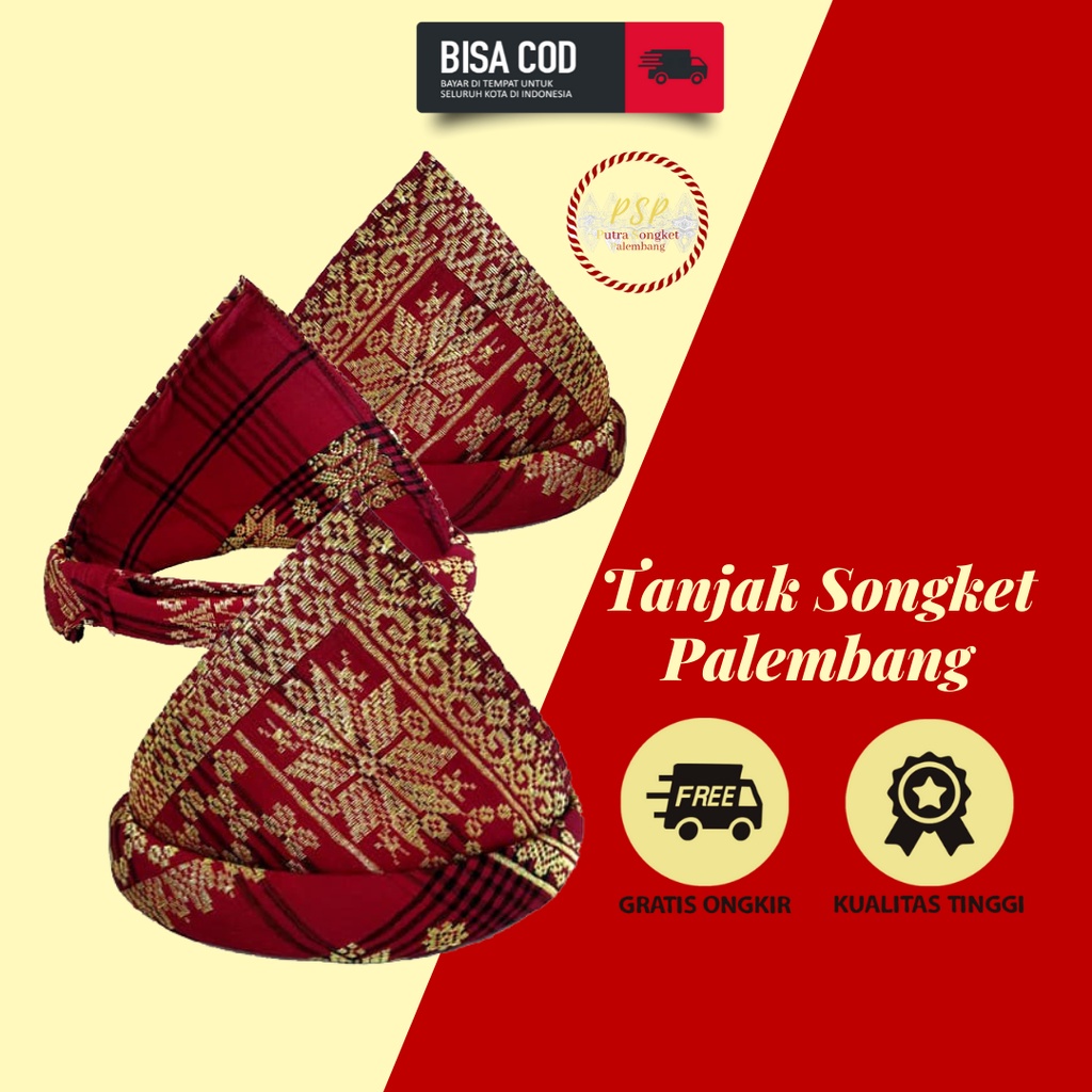 Topi Tanjak Pria Dewasa Songket Palembang Tenun Asli Marun Maroon Pakaian Adat