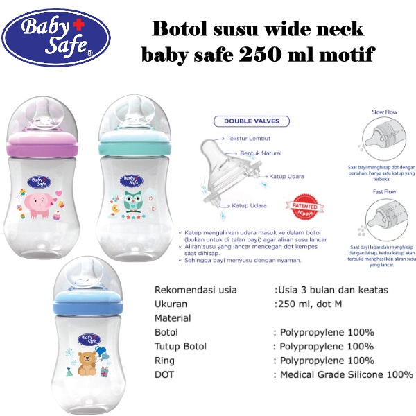 BOSU380 BABY SAFE BOTOL SUSU BAYI WIDE NECK 250 ML MOTIF WN05