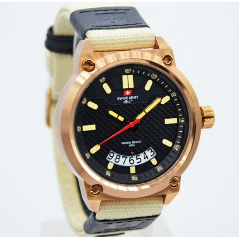 Jam Tangan Swiss Original Tali Kanvas - Jam Tangan Pria Original Tali Kanvas - Rosse Gold Tali Kream