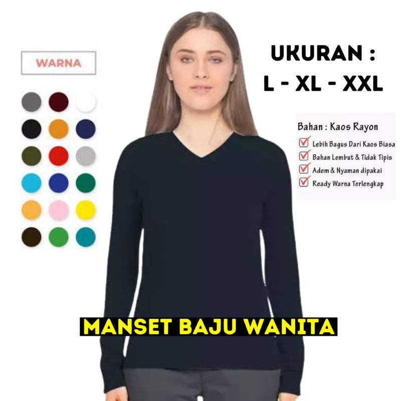 Manset Baju Wanita Kaos Polos Lengan Panjang Murah V neck Deker Panjang L XL JUMBO