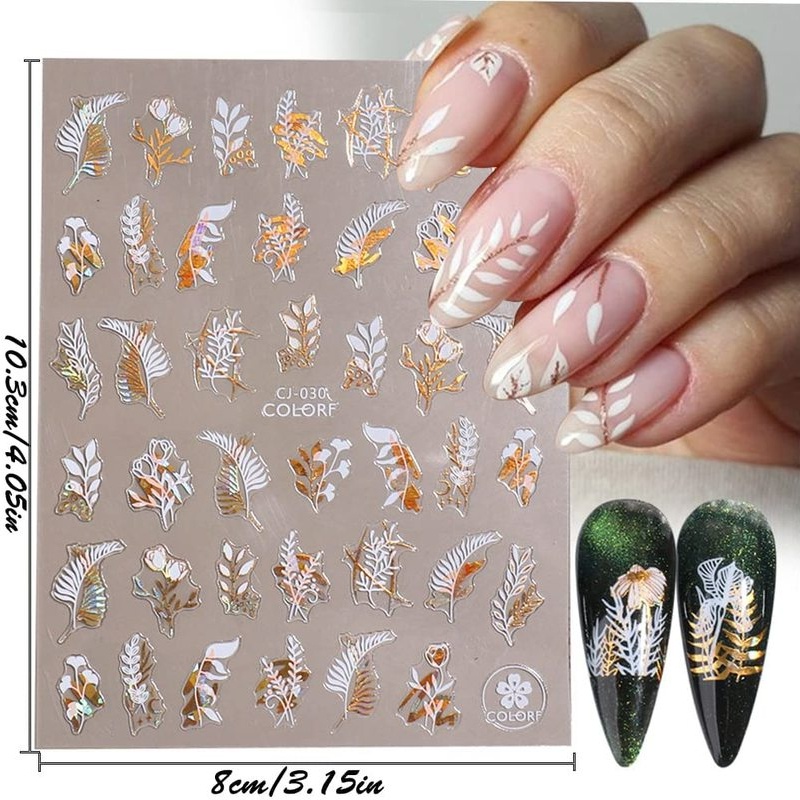 [Harga Grosir]Stiker Kuku 3D Bentuk Bunga Warna Putih Emas Untuk Dekorasi Manicure/Hot Sale