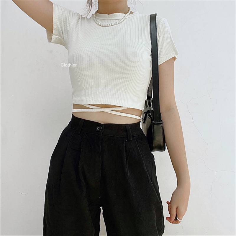 CLOTHIER - Marra Tied Ribbed Top | Criss-Cross Crop Top