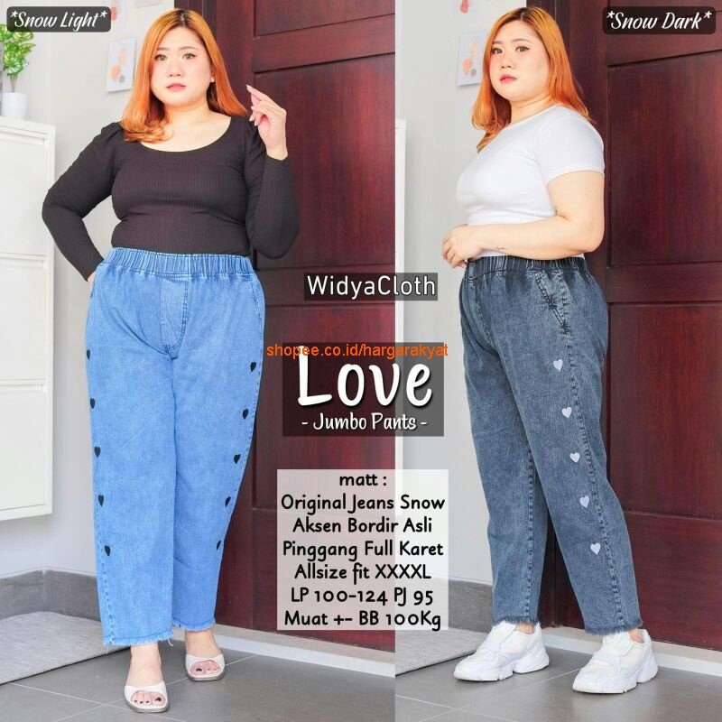 LOVE PANTS CELANA JUMBO || CELANA BOYFRIEND JEANS WANITA PINGGANG FULL KARET SNOW