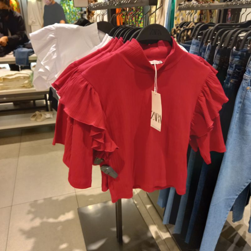 ZARA ORIGINAL.ASLI SALE READY Blouse Lengan Panjang Pendek Spandex Polos Kaos Merah Putih Hitam