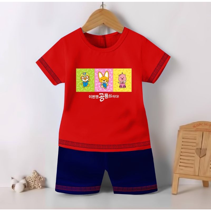 ( COD ) SETELAN BAJU ANAK COWO DAN CEWE MOTIF PORORO / SETELAN KAOS ANAK COWO DAN CEWE GAMBAR PINGUIN PORORO / SETELAN KAOS PORORO-Merah