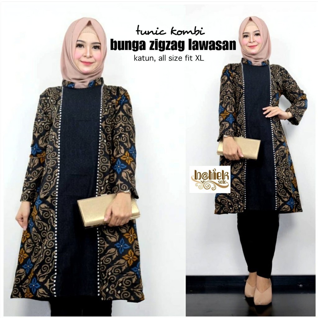 Tunik Kombi Bunga Zigzag Lawasan Batik Marini Midi Casual Kerja Modern Kantoran Muslim Pesta Baru