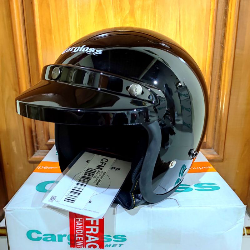HELM CARGLOSS CFM BOGO RETRO "Black Glossy" 100% ORIGINAL tanpa kaca GRATIS BUBLE WARP