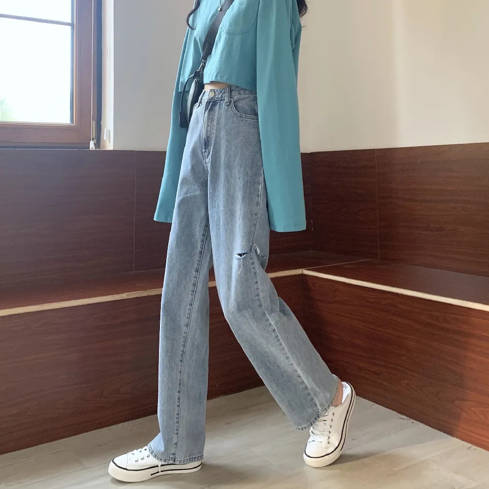 Ukuran Jumbo korean style new lubang biru muda kekinian high waist celana jeans panjang wanita