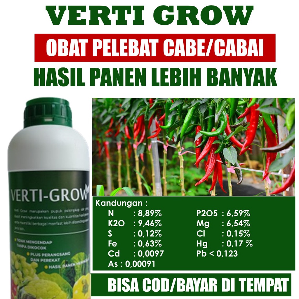 VERTI GROW PELEBAT Cabe/Cabai Musim Hujan - Pupuk NPK Cair Pelebat Cabe/Cabai/Lombok, Pupuk Organik Pelebat Cabe Rawit, Cabe Merah, Cabe Pelangi, Cabe Setan dan Semua Jenis Cabe - Pupuk Organik Pelebat Cabe Isi 500 ML