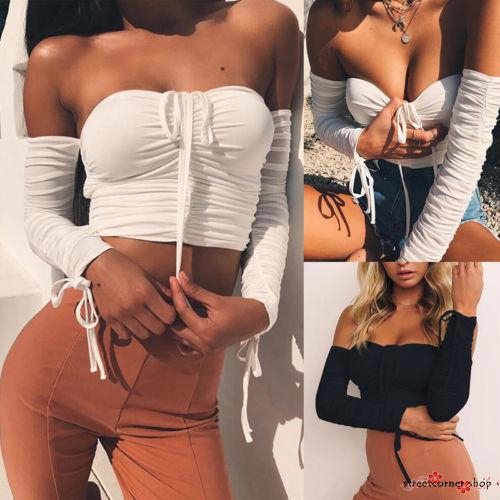 Kaos Crop  Top  Wanita Lengan  Panjang  Model  Off Shoulder 