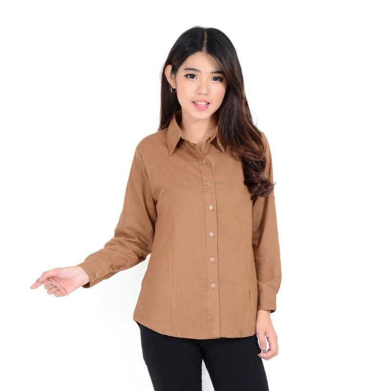 Atasan Kemeja Wanita Polos Casual Hitam Putih Wanita Lengan Panjang Bahan Moscrepe-Mocca