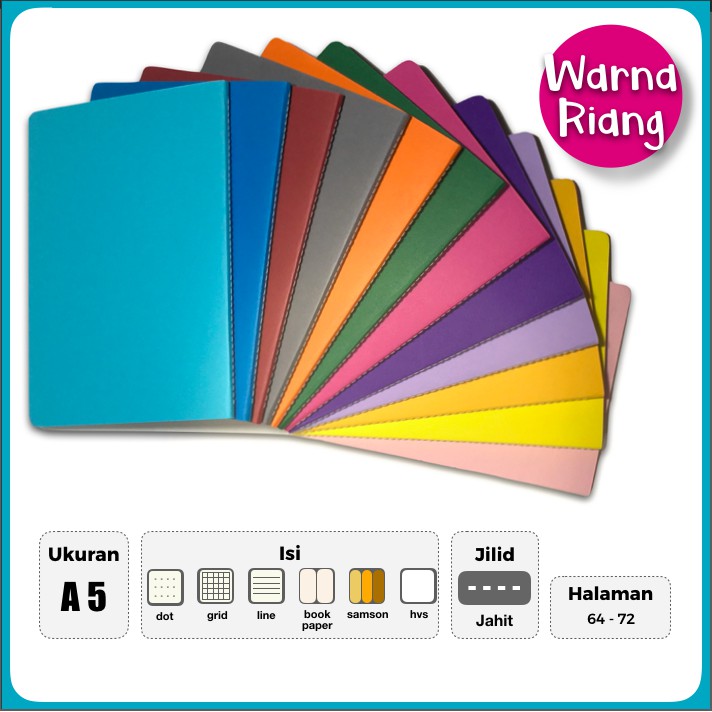 

custom Notebook Buku tulis A5 WARNA RIANG jilid JAHIT isi POLOS DOT GRID GARIS