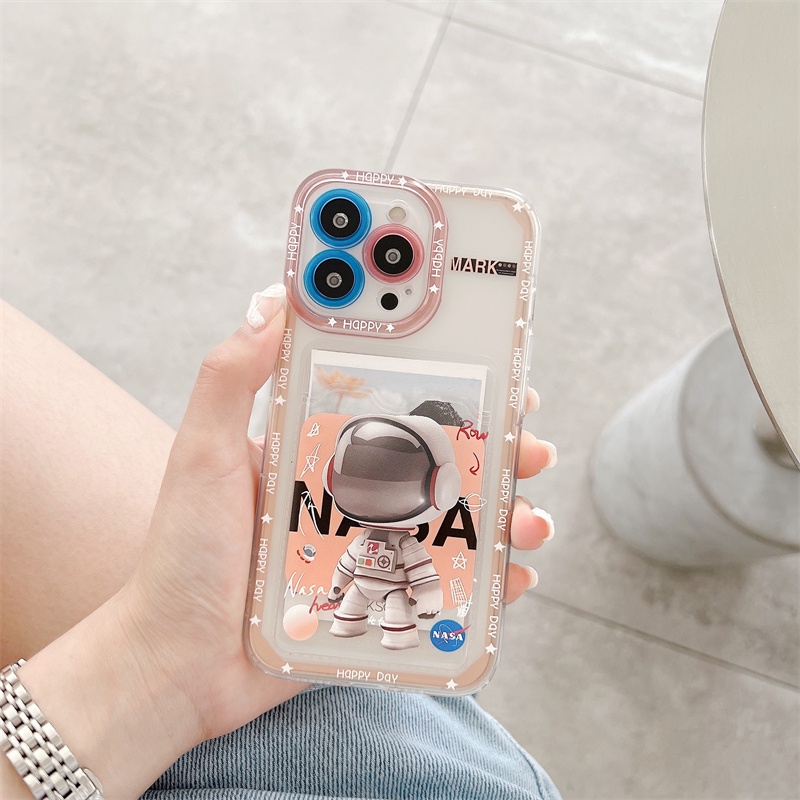 Soft Case Pelindung Lensa Transparan Desain Astronot Kartu Untuk iPhone 12 13 Pro MAX 11 X XR XS MAX 7 8 Plus