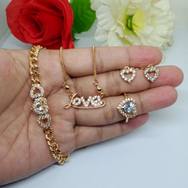 set perhiasan wanita dewasa, love 452, set perhiasan titanium asli anti luntur anti karat,1 set perhiasan lengkap kalung gelang cincin anting,perhiasan wanita import