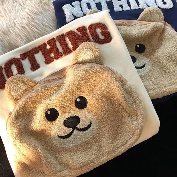 [littlecrab] Sweater Oversize Bear Nothing Pouch Unik Beresleting Sweater Beruang Lucu Berkantong Huruf Bulu Bahan Berkualitas Korean Style