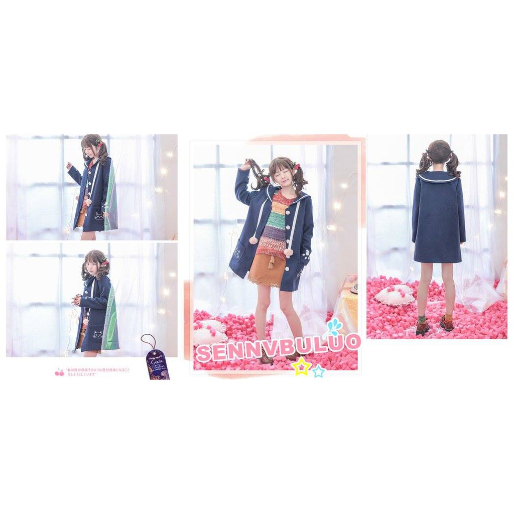 HP41528 Pompom Cat Coat (Navy) jaket kucing neko hoodie kawaii cute lucu kuping imut jacket