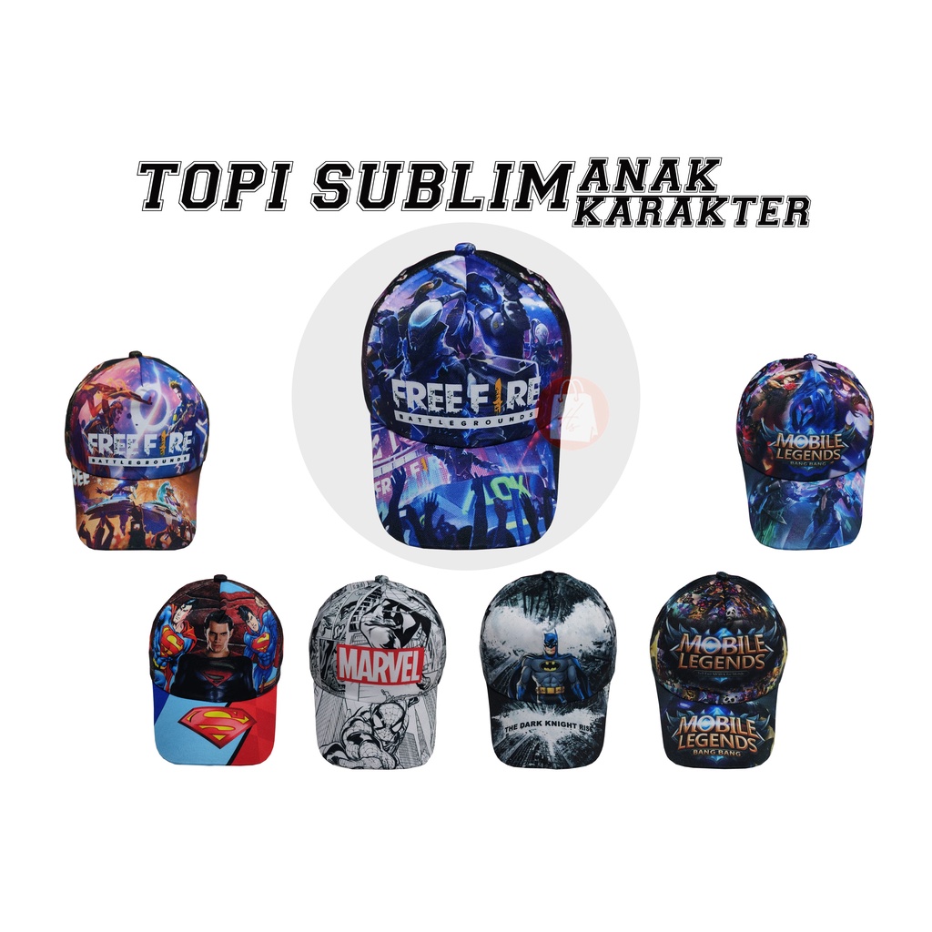 Topi anak sablon sublim karakter free fire,Ml,Batman,marvel / Topi Sublim karakter anak