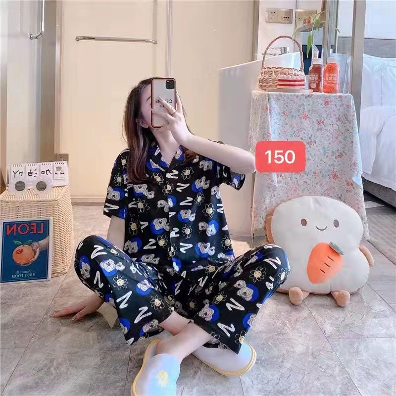 Baju tidur wanita / Piyama Cp baju tidur wanita krah pendek import kotak freesize-CP.K Z FLOBEAR HITAM