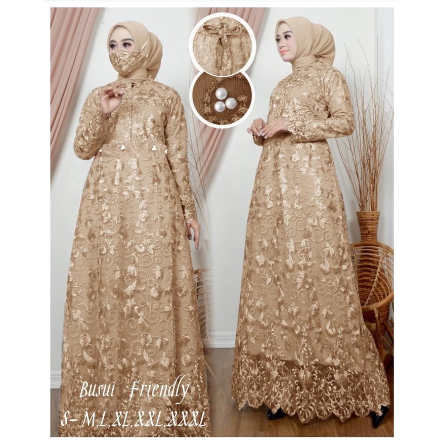 Kaira Gamis Busui Terbaru Full Brukat Tile Mutiara Maxi Dress Pesta Kondangan Size Jumbo S-M, L, XL, XXL, XXXL