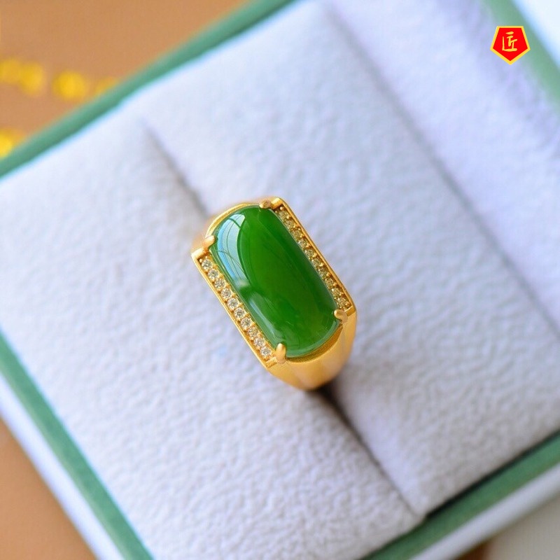 [Ready Stock]Elegant Inlaid Hetian Jade Gold Ring