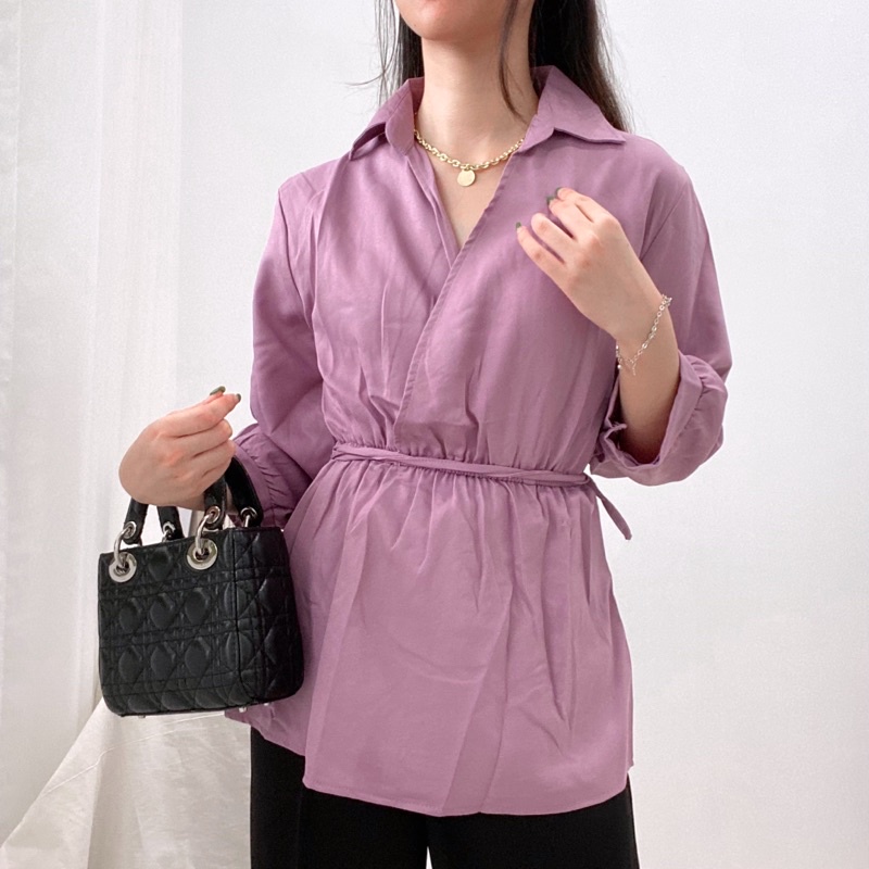 SAQILA Blouse V-Neck Kerah Formal Kimono Tied Waist / Atasan Kerja Wanita / Blouse Daily Casual 0347