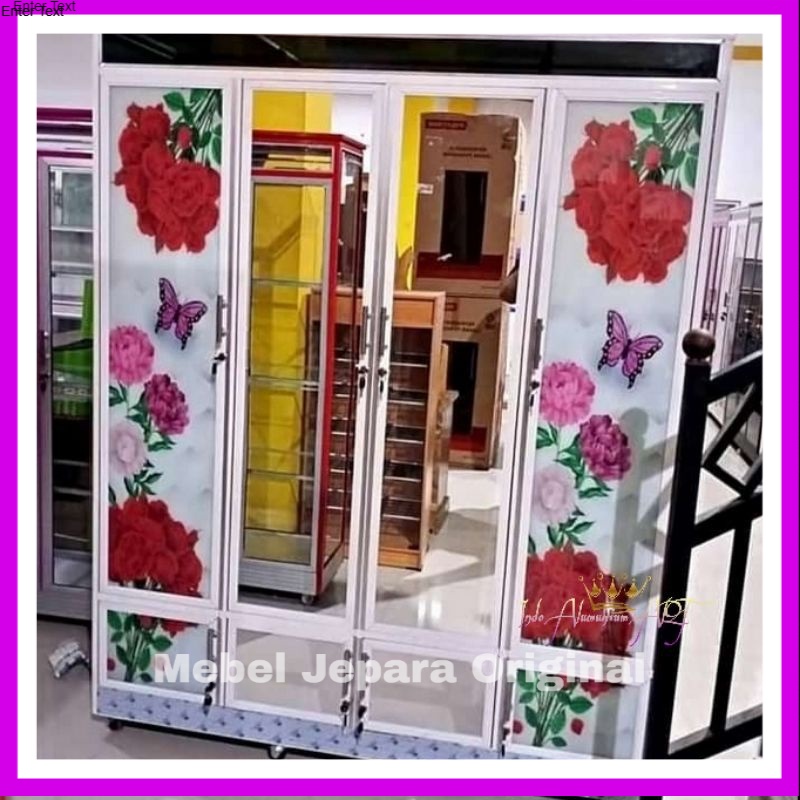 Lemari Kaca - Lemari Pakaian Kaca Motif Bunga Pintu 4 Bahan Aluminium