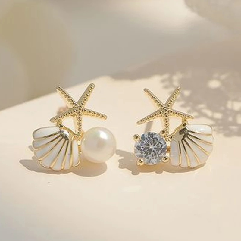 Anting Stud Zircon Mutiara Berlian Imitasi Bentuk Bintang Laut Kerang Gaya Bohemian Korea Untuk Wanita